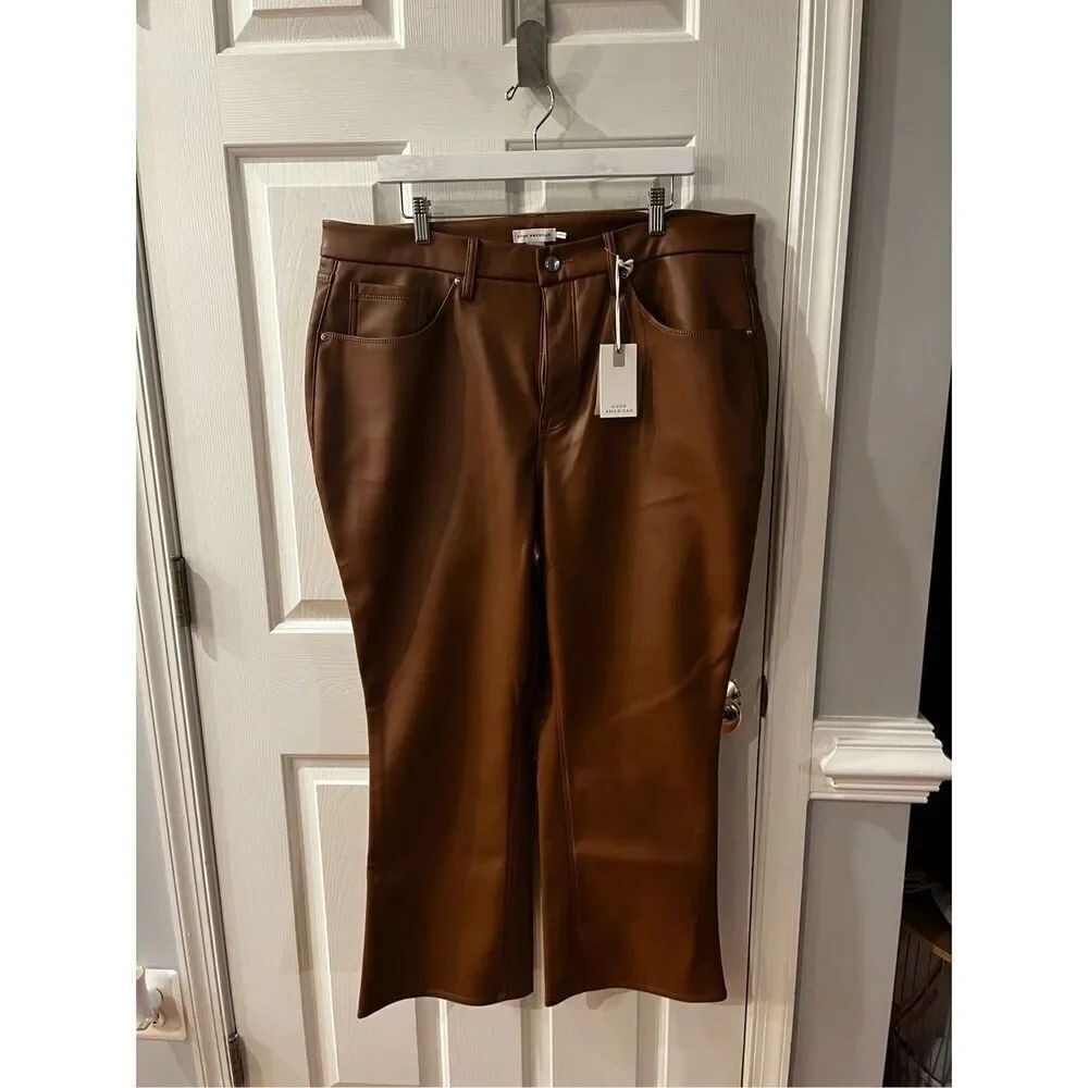 Good American Cognac Brown Faux Leather Baby Boot Cut Pants sz 18 NWT